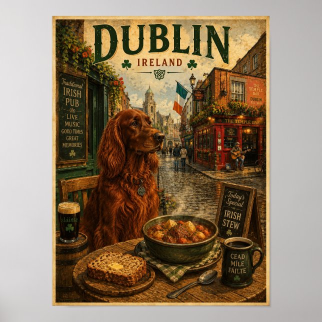 Irländsk Setter i Dublin Vintage Resaaffisch Poster (Framsidan)