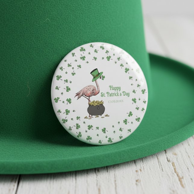 Irländsk Shamrock Flamingo St. Patrick's Day-fest Knapp (St Patrick's Day Party Pins. Funny  Irish Pink Flamingo & Green Leprechaun Hat, Shamrock Border)