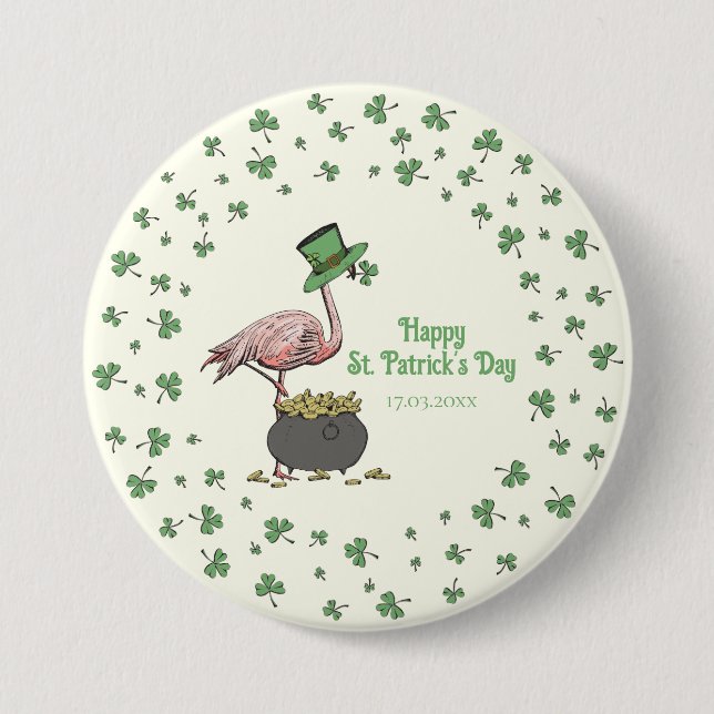 Irländsk Shamrock Flamingo St. Patrick's Day Festl Knapp (Framsida)
