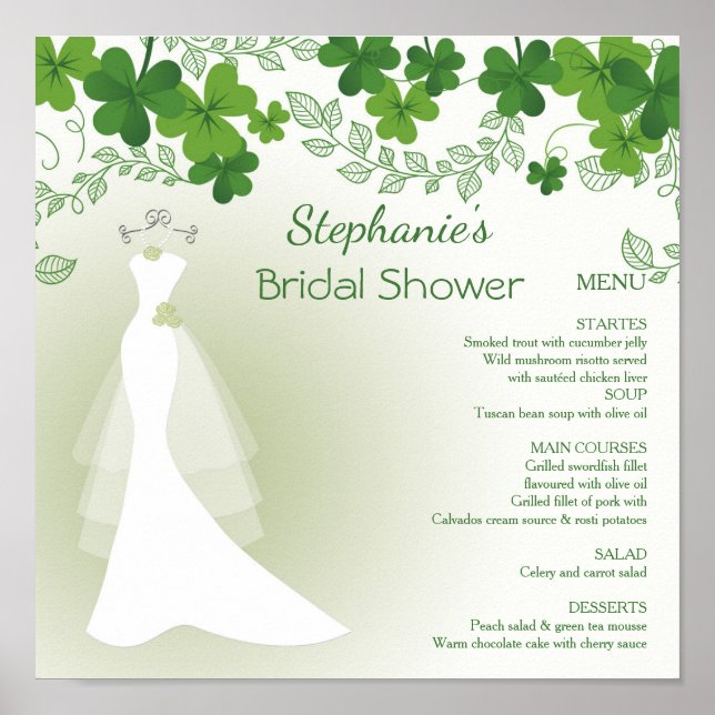 irländsk shamrock, klänning, Bröllopsduschmeny Poster (Framsidan)