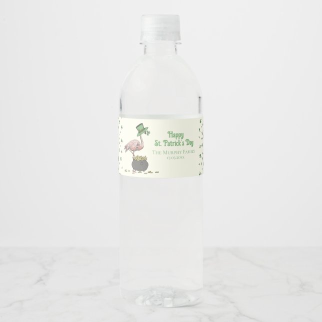 Irländsk Shamrock Rosa Flamingo St Patricks Day El Vattenflaska Etikett (Framsida)