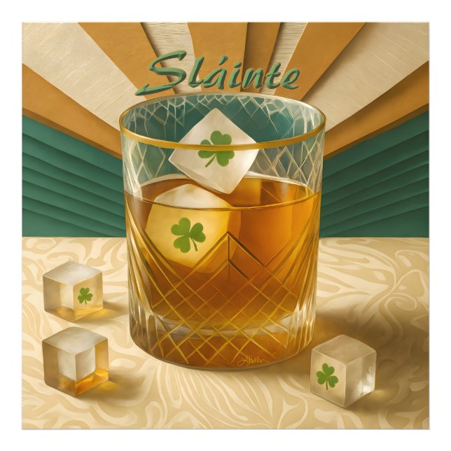 Irländsk Whiskey Tumbler Shamrock Is "Skål!" Fototryck (Framsidan)