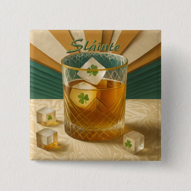 Irländsk Whiskey Tumbler Shamrock Is "Sláinte!" Knapp (Framsida)
