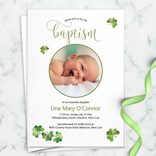 Irländska Baby-foto-baptism med Grönt Shamrocks Tack Kort (Skapare uppladdad)