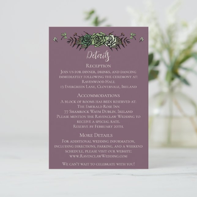 Irländska bröllopsdetaljer Gröna rosor Blommiga dö Tilläggskort (Stående Fram)