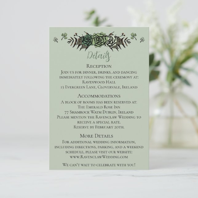 Irländska bröllopsdetaljer Gröna rosor Blommiga dö Tilläggskort (Stående Fram)