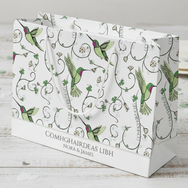 Irländska Comhghairdeas Kolibri Shamrock Vine (Elegant St Patricks Day Irish Wedding Gift Bags for Bride or Bridal Shower. Green Clover Hummingbird)