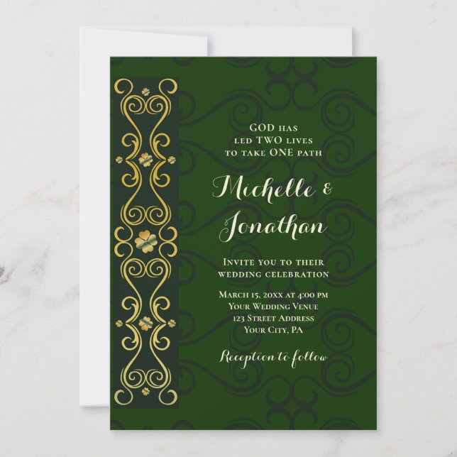 Irländska Eleganten Guld om Mörk grönt kristna Brö Inbjudningar (Framsida)