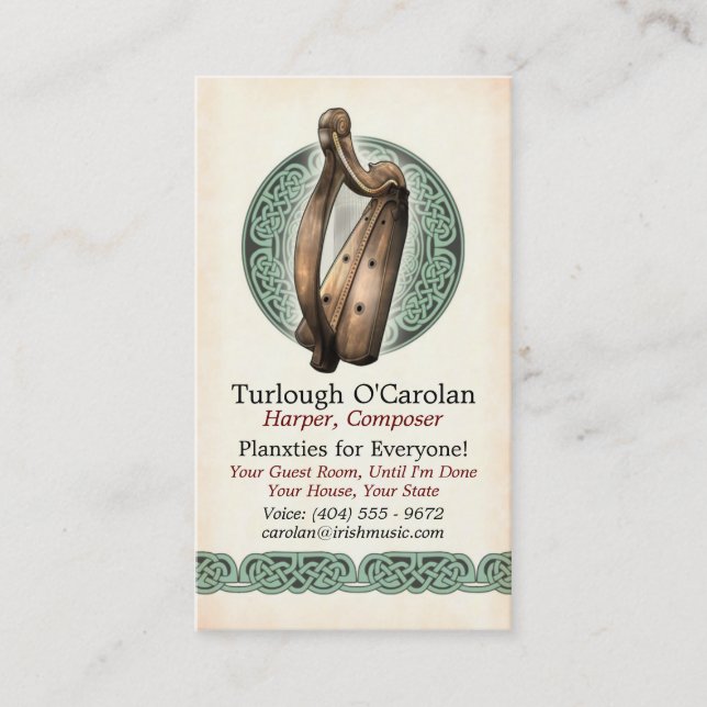 Irländska harpavisitkortar, stil 1, lodrät visitkort (Framsida)