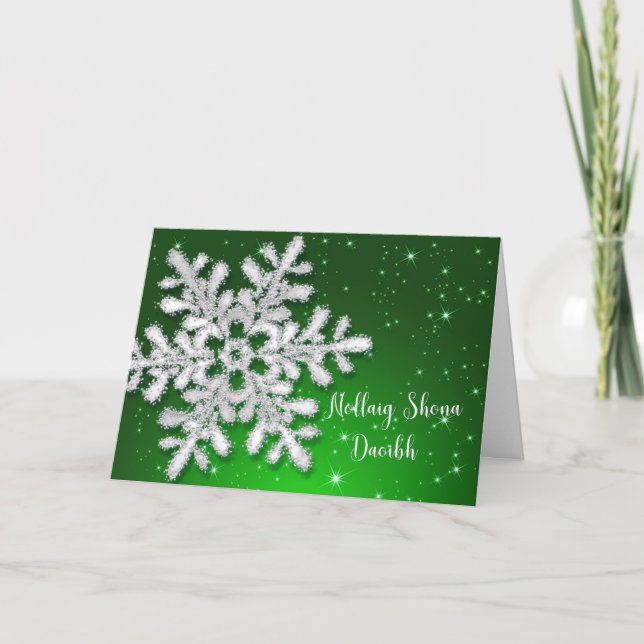 Irländska julen Silver Snowflake på Grönt Helgkort (Framsida)