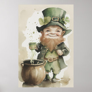 Irländska Leprechaun Watercolor Painting Poster