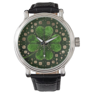 Irländska Shamrock 4-löv klöver Malakite och gu Armbandsur