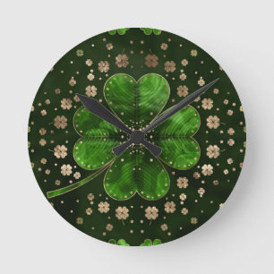 Irländska Shamrock 4-löv klöver Malakite och gu Rund Klocka