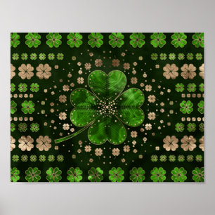 Irländska Shamrock 4-löv klöver Malakite och guld Poster