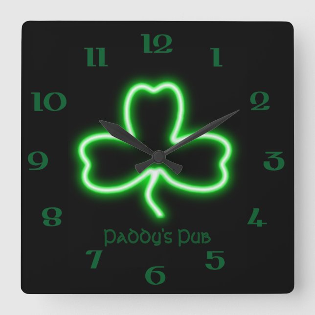 Irländska teman Shamrock personlig Pub neon-tecken Fyrkantig Klocka (Framsida)