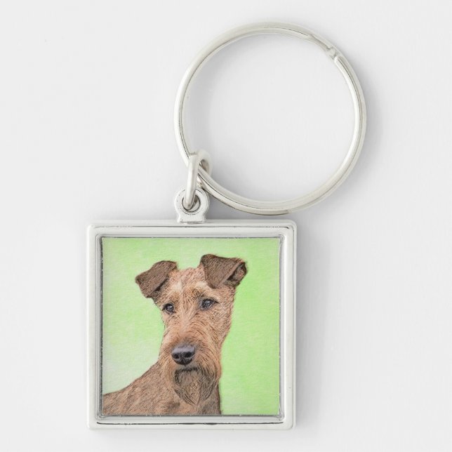 Irländska terrier-målning - Cute Original Hund Art Fyrkantig Silverfärgad Nyckelring (Framsidan)