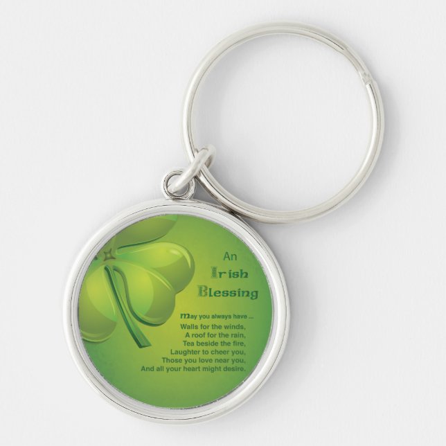 Irländska välsignelser Grön Shamrock, Keltisk Rund Silverfärgad Nyckelring (Framsidan)