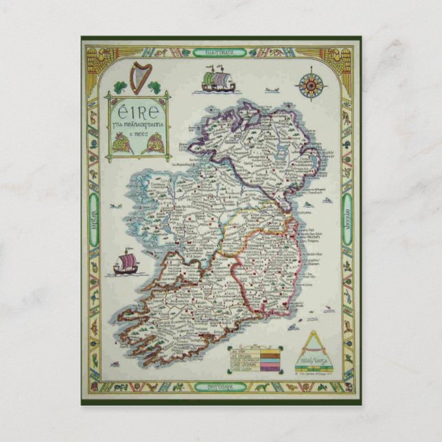 Irlandskarta - Irlands Eire Erin Historiska Karta Vykort (Framsida)