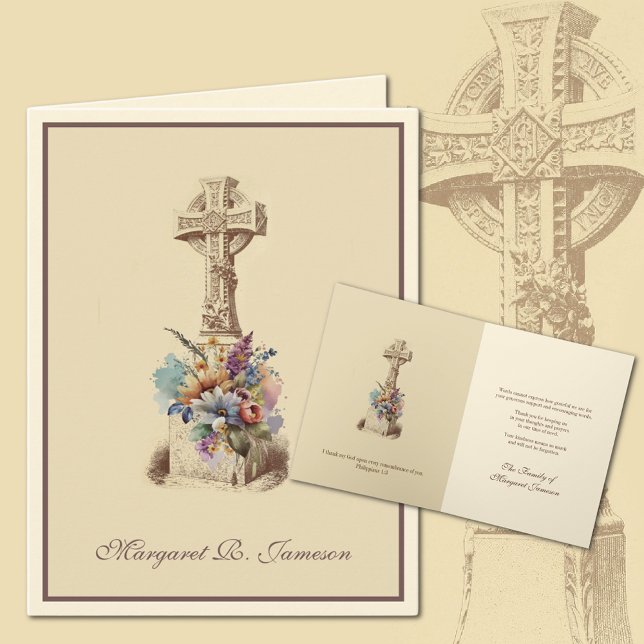 Irländskt keltiskt kors blomster kondoleans tack kort (Irish Celtic Cross Funeral Condolence Thank You Cards)