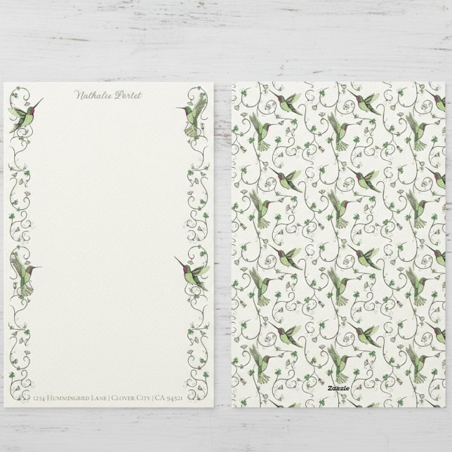 Irländskt Kolibrilönekardinal Personligt Brevpapper (Irish Personal Stationery. Floral Green Clover Lucky Shamrocks Hummingbird Pattern with Name Address)