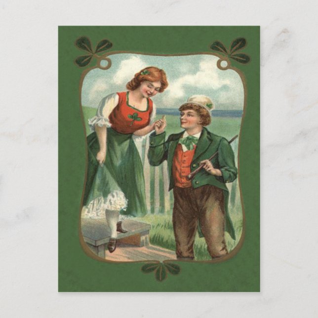 Irländskt Par Shillelagh Shamrock Vykort (Framsida)