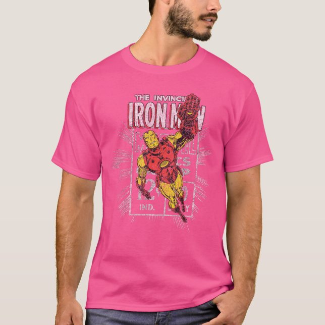 Iron Man Retro Comic Book Stamp Flying Pose funny T Shirt (Framsida)