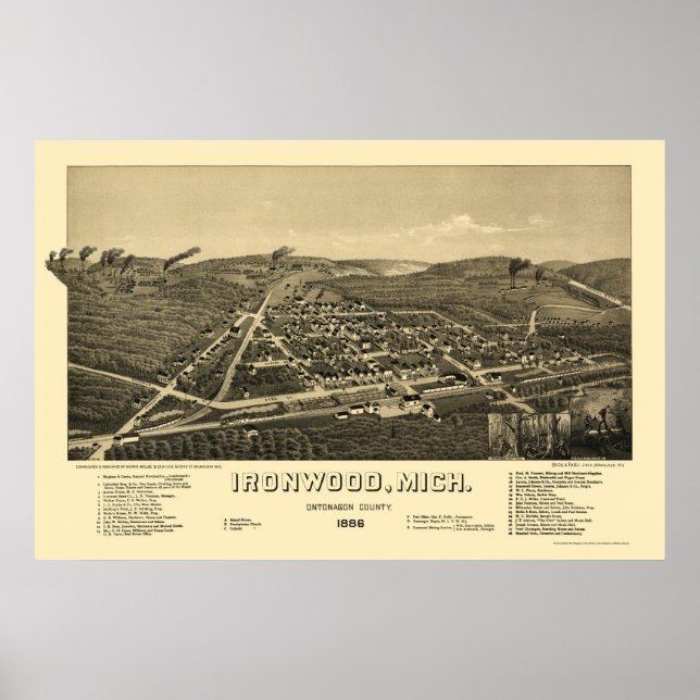 Ironwood MI Panoramic Karta - 1886 Poster (Framsidan)