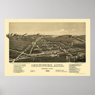 Ironwood panorama- karta för MI - 1886 Poster