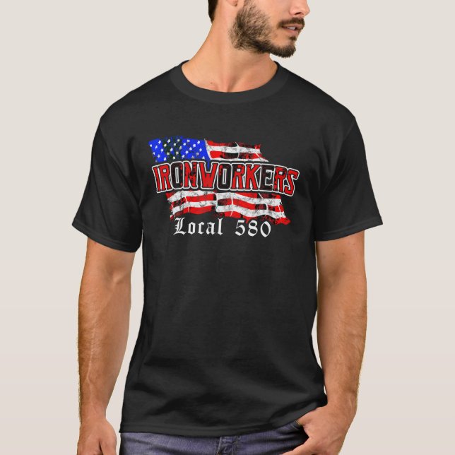 Ironworkers Local 580 NYC American Flagga Patrioti T Shirt (Framsida)