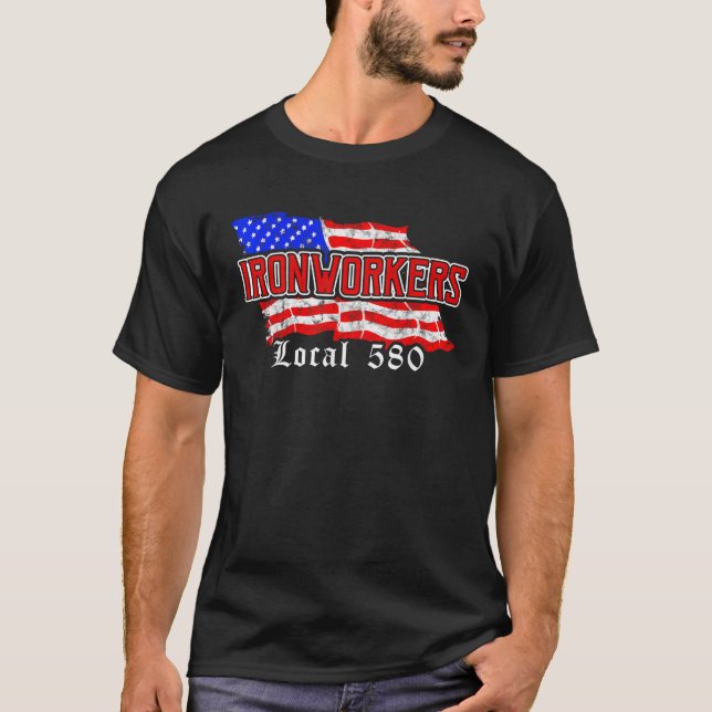 Ironworkers Local 580 NYC American Flagga Patrioti T Shirt (Framsida)