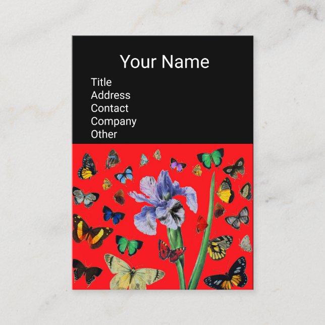 IRS,COLORFUL BUTTERFLIES Red Black Monogram Visitkort (Framsida)