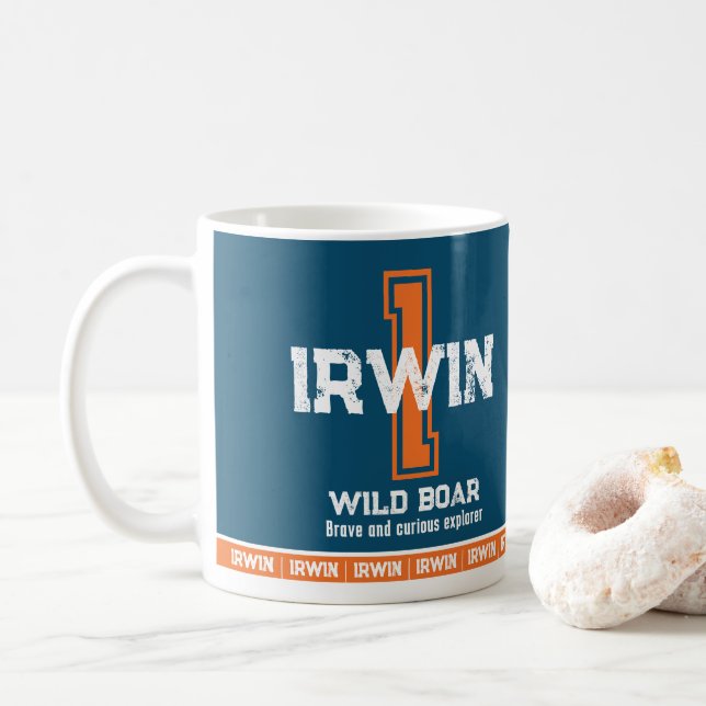 Irwin namn betydelse sportmonogram orange blå kaffemugg (Med munk)