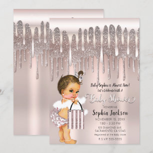 Is Rosa Ros Diamant Glitter Dropp Baby Shower Inbj Inbjudningar
