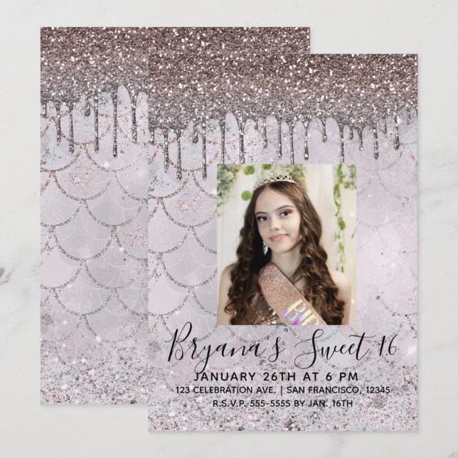 Is Rosa Rosa Guld Glitter Dropp Sweet 16 Foto Inbjudningar (Fram/baksida)