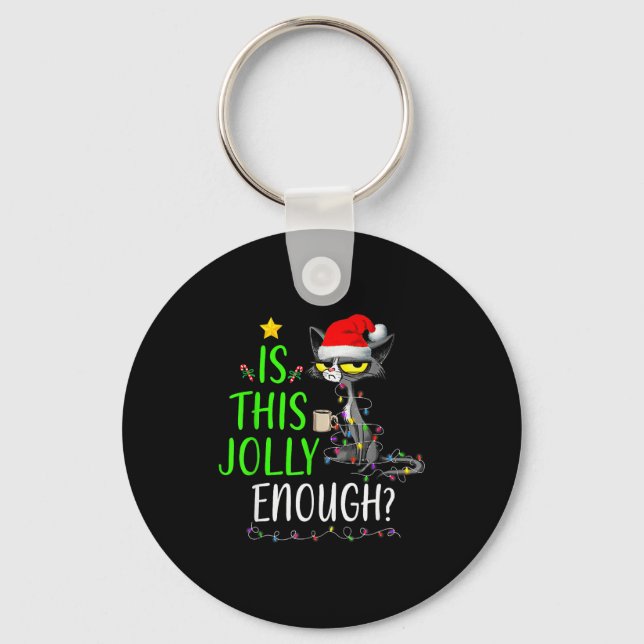 Is This Jolly Enough Black Cat Merry Christmas Tre Nyckelring (Framsida)