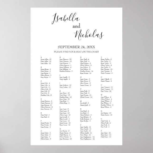 Isabella Elegant Alfabetical Seating Chart Poster (Framsidan)