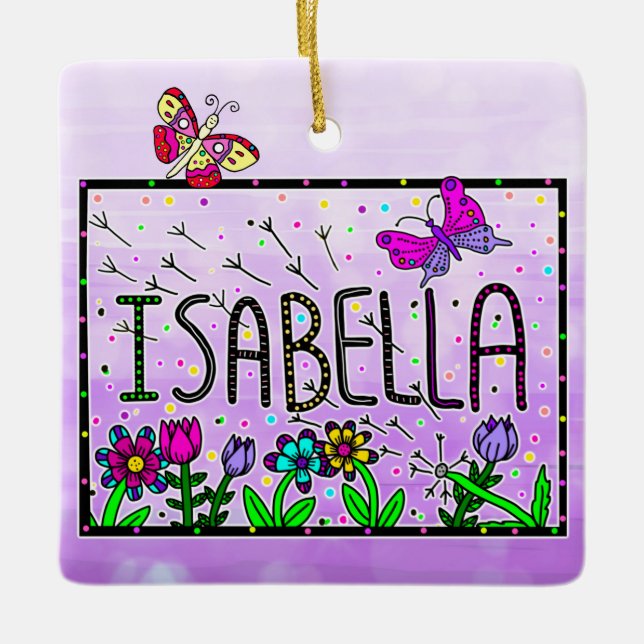 Isabella - Namn Isabella Whimsical Teckning Julgransprydnad Keramik (Framsida)