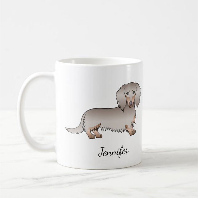 Isabella och Tan Long Hair Dachshund Hund & Namn Kaffemugg (Vänster)