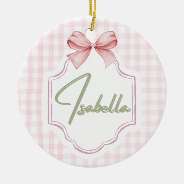 Isabella Personlig Rosa Bow & Gingham Print Julgransprydnad Keramik (Framsidan)