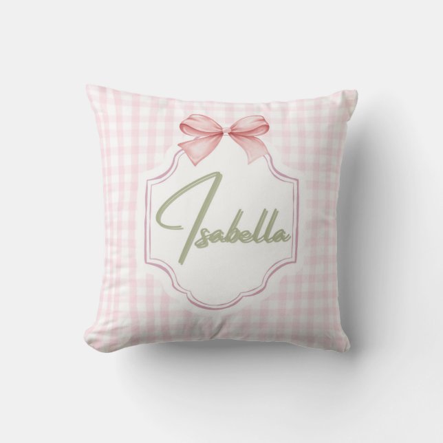 Isabella Personlig Rosa Bow & Gingham Print Kudde (Framsida)