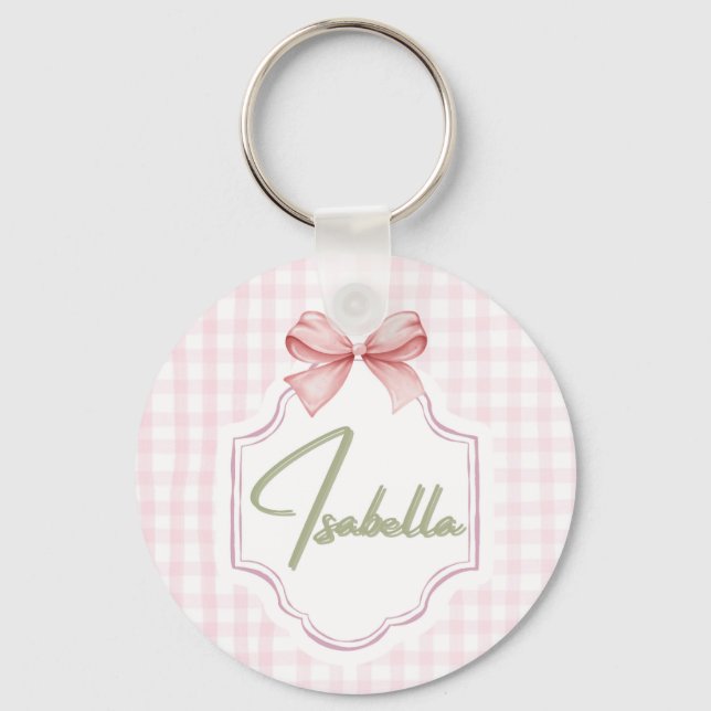 Isabella Personlig Rosa Bow & Gingham Print Nyckelring (Framsida)