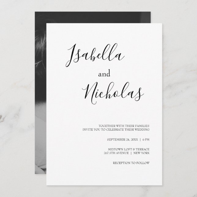 Isabella Simple Modern White Black Photo Bröllop Inbjudningar (Fram/baksida)