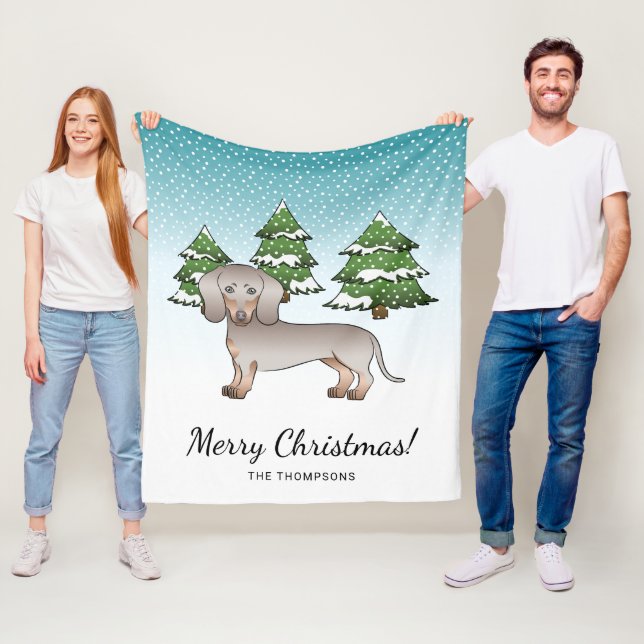 Isabella & Tan Korthårig Dachshund Vinter Skog Fleecefilt (På plats)