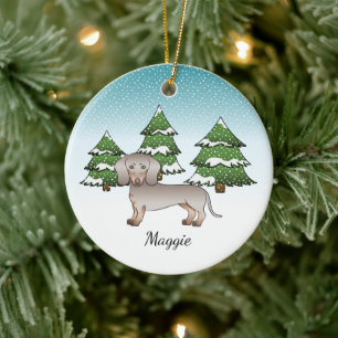 Isabella & Tan Korthårig Dachshund Vinter Skog Julgransprydnad Keramik
