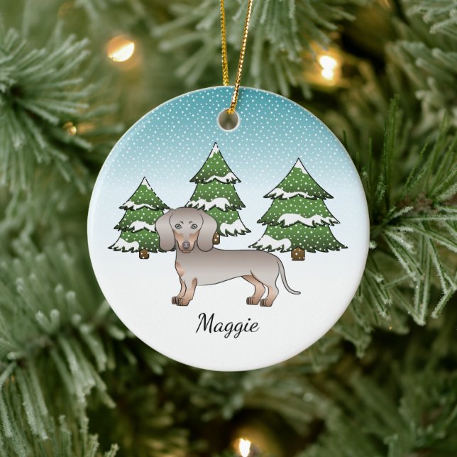 Isabella & Tan Korthårig Dachshund Vinter Skog Julgransprydnad Keramik (Träd)