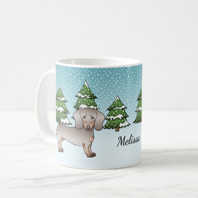 Isabella & Tan Korthårig Dachshund Vinter Skog Kaffemugg (Framsida vänster)