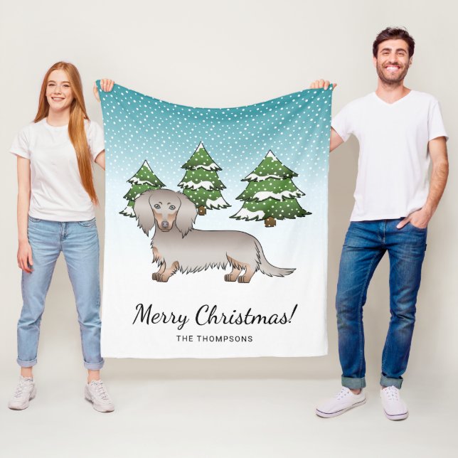 Isabella & Tan Långhårig Dachshund Vinter Skog Fleecefilt (På plats)