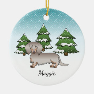 Isabella & Tan Långhårig Dachshund Vinter Skog Julgransprydnad Keramik