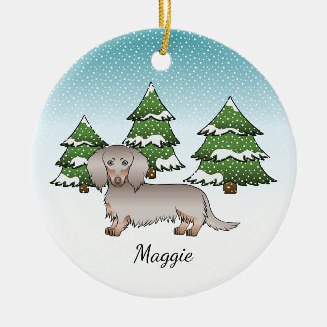 Isabella & Tan Långhårig Dachshund Vinter Skog Julgransprydnad Keramik (Framsidan)