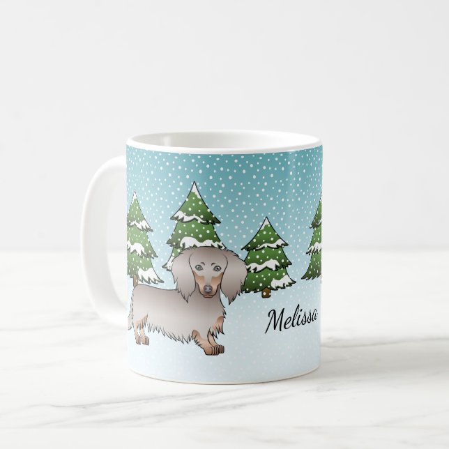 Isabella & Tan Långhårig Dachshund Vinter Skog Kaffemugg (Framsida vänster)